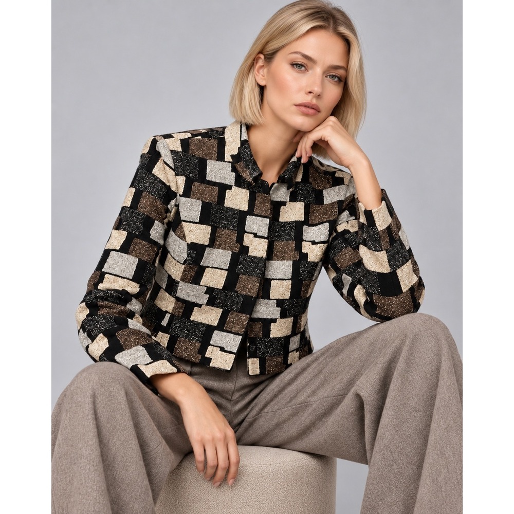 George Simonton Wool Silk Blend Pachwork Block Jacket Black Bronze Grey Size 8